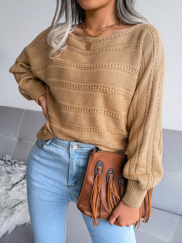 Women's straight neck off shoulder hollow out fried dough twist casual knitted sweater