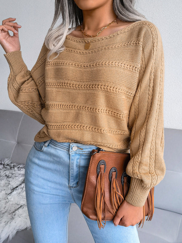 Women's straight neck off shoulder hollow out fried dough twist casual knitted sweater