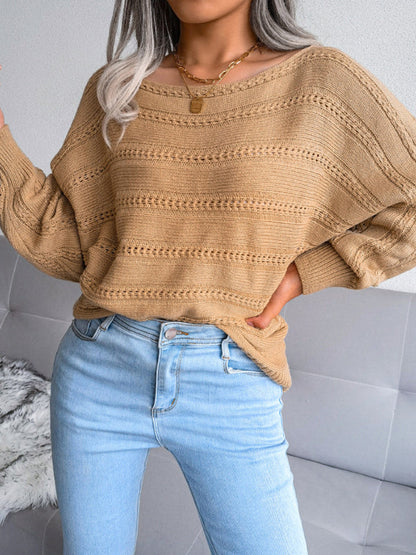 Women's straight neck off shoulder hollow out fried dough twist casual knitted sweater