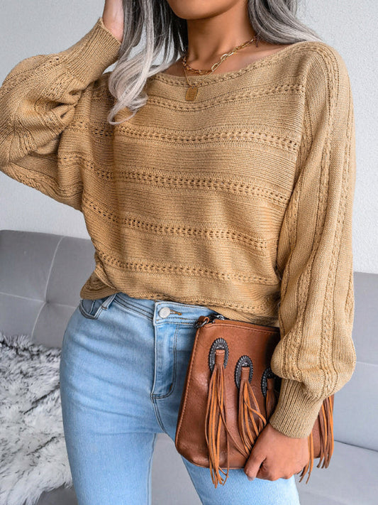 Women's straight neck off shoulder hollow out fried dough twist casual knitted sweater