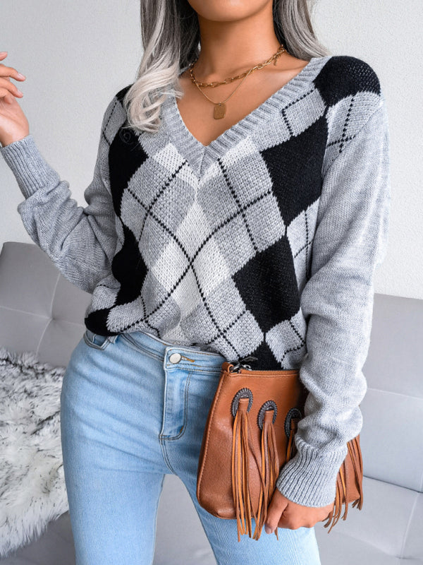 Women's diamond leisure long sleeve sweater