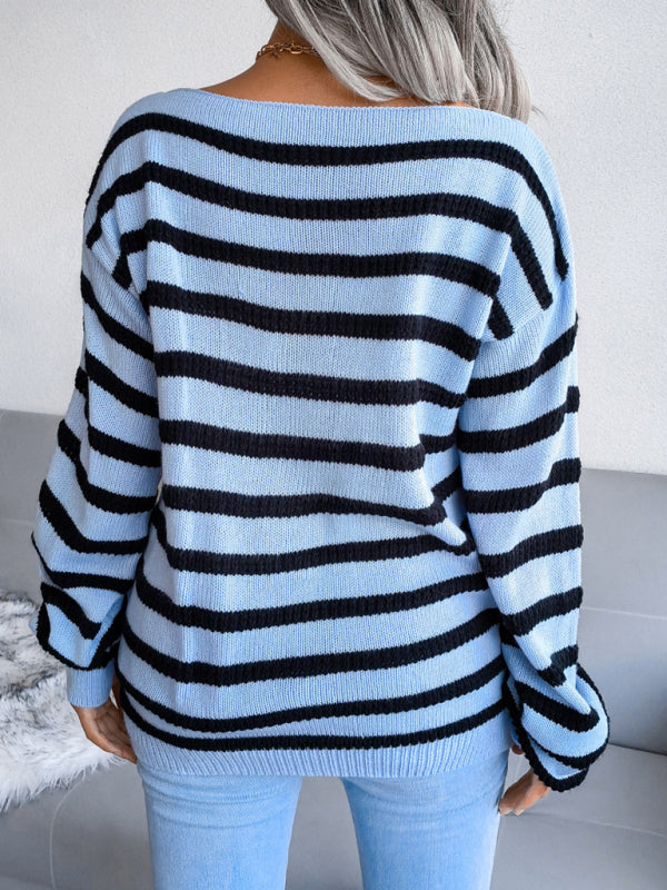 Women's straight neck off shoulder casual loose stripe knitted sweater