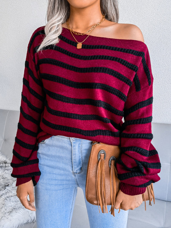 Women's straight neck off shoulder casual loose stripe knitted sweater