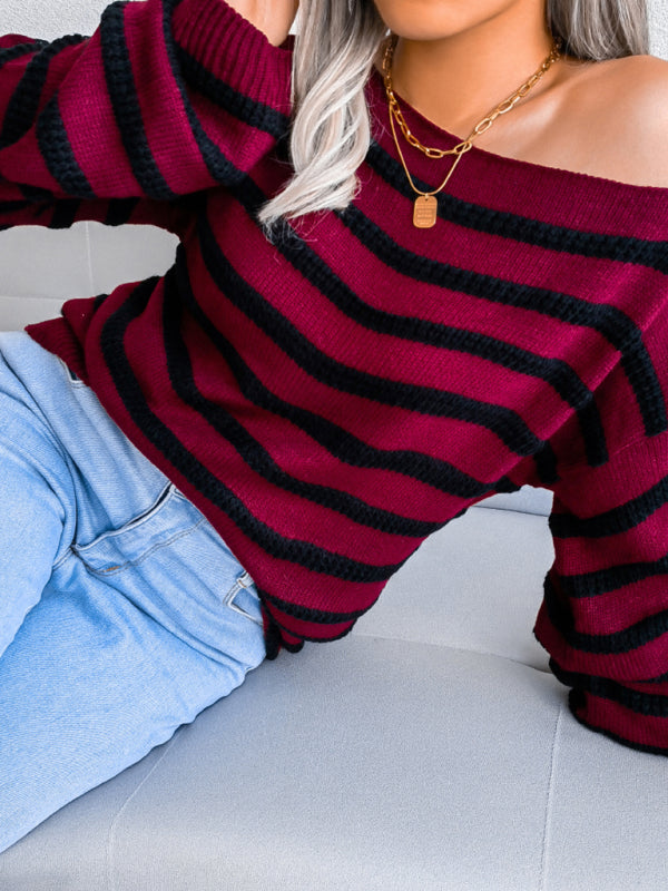 Women's straight neck off shoulder casual loose stripe knitted sweater