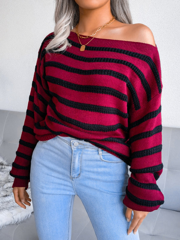 Women's straight neck off shoulder casual loose stripe knitted sweater