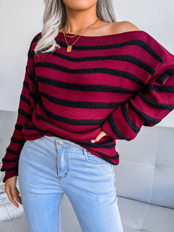 Women's straight neck off shoulder casual loose stripe knitted sweater