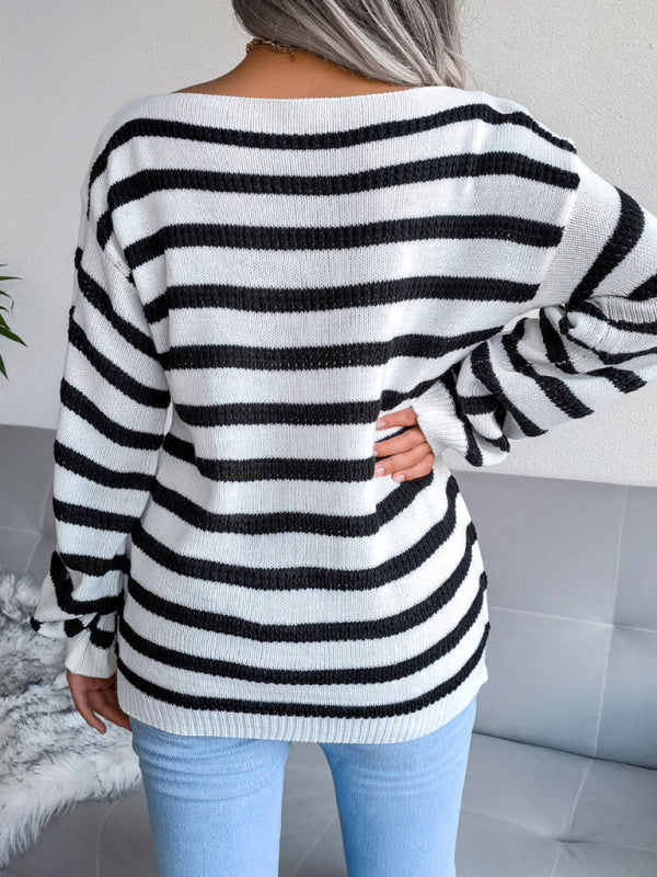 Women's straight neck off shoulder casual loose stripe knitted sweater