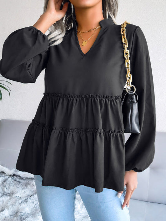 Women's Lantern long sleeve casual loose Ruffle large swing Chiffon Shirt Top