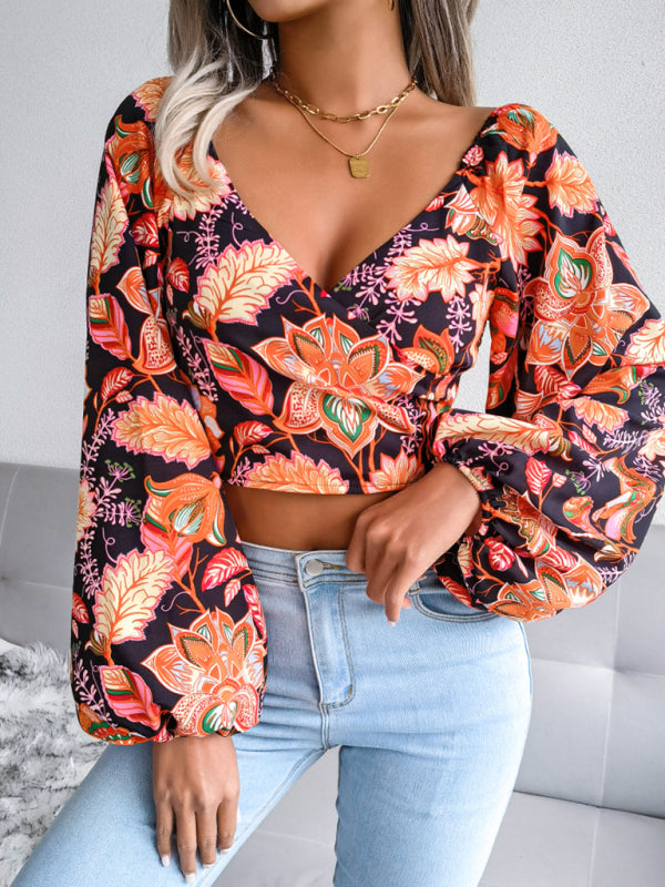 Women's V-neck lantern long sleeve Floral Chiffon shirt