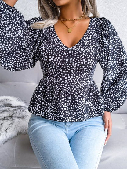 Women's Lantern long sleeve casual leopard Chiffon Shirt Top