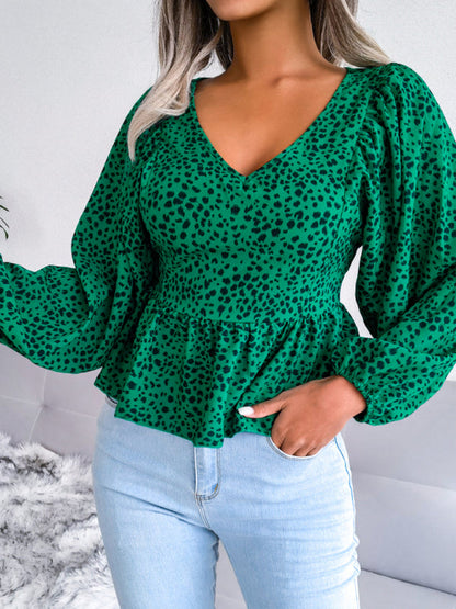 Women's Lantern long sleeve casual leopard Chiffon Shirt Top