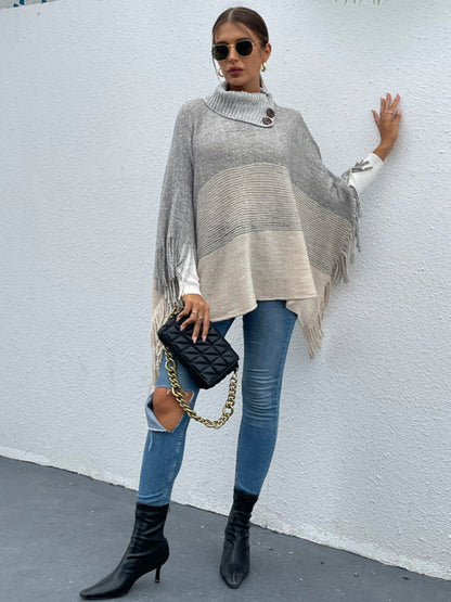 Women's Lapel Striped Fringe Pullover Knit Cape Sweater