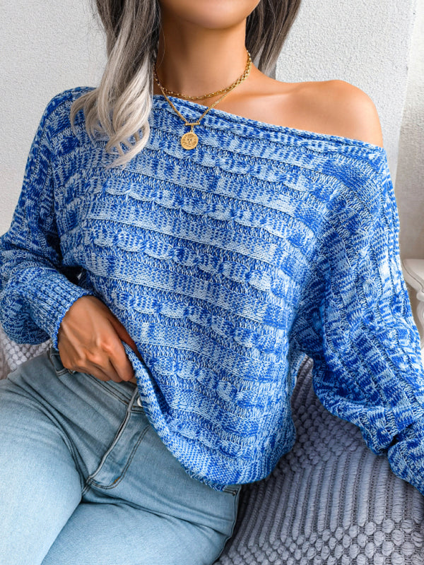 Women's fashion color fried dough twist long sleeve off shoulder knitted sweater