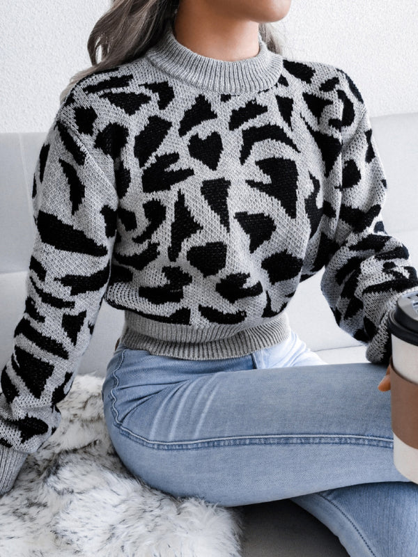 Women's Casual Leopard Print Nipped Knit Crop Navel Sweater