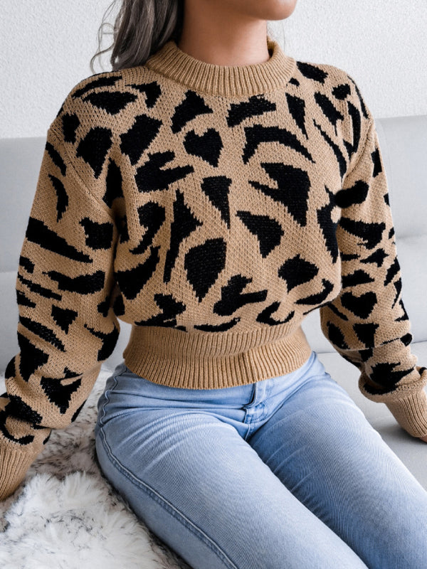 Women's Casual Leopard Print Nipped Knit Crop Navel Sweater