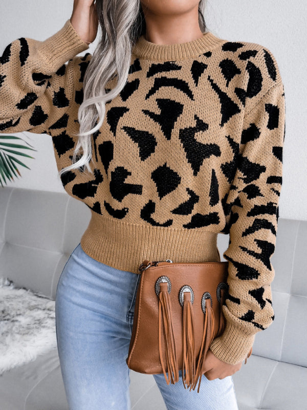 Women's Casual Leopard Print Nipped Knit Crop Navel Sweater