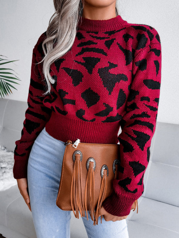 Women's Casual Leopard Print Nipped Knit Crop Navel Sweater