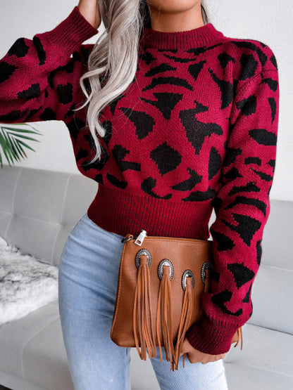 Women's Casual Leopard Print Nipped Knit Crop Navel Sweater