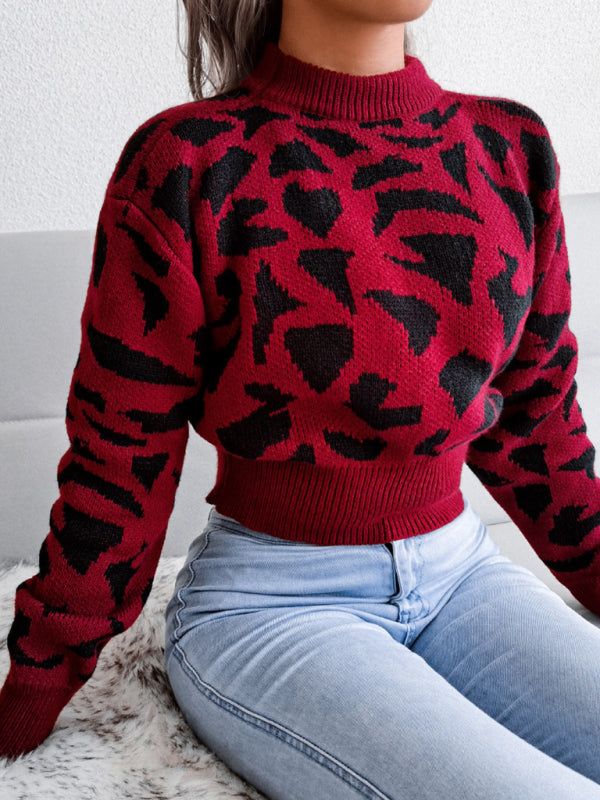 Women's Casual Leopard Print Nipped Knit Crop Navel Sweater