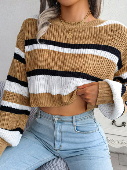 Women's Casual Striped Long Sleeve Crop Knit Sweater