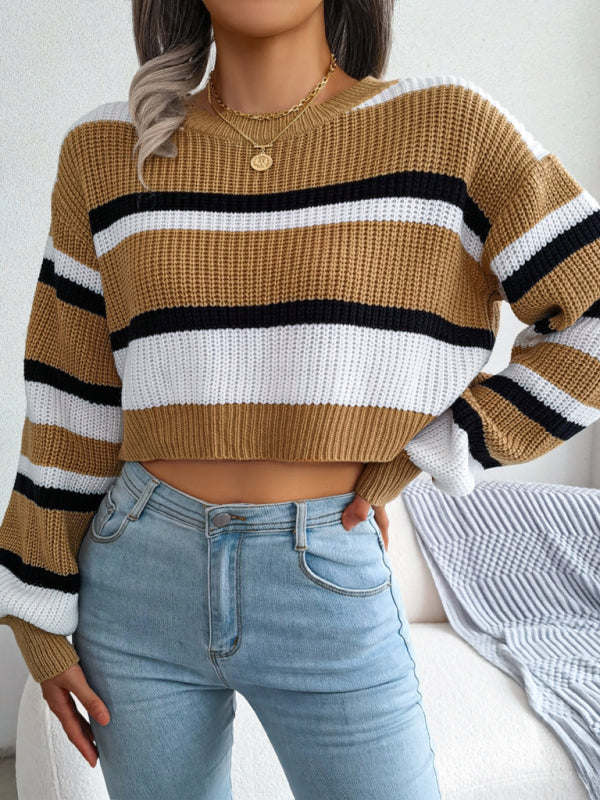 Women's Casual Striped Long Sleeve Crop Knit Sweater