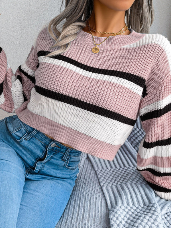 Women's Casual Striped Long Sleeve Crop Knit Sweater