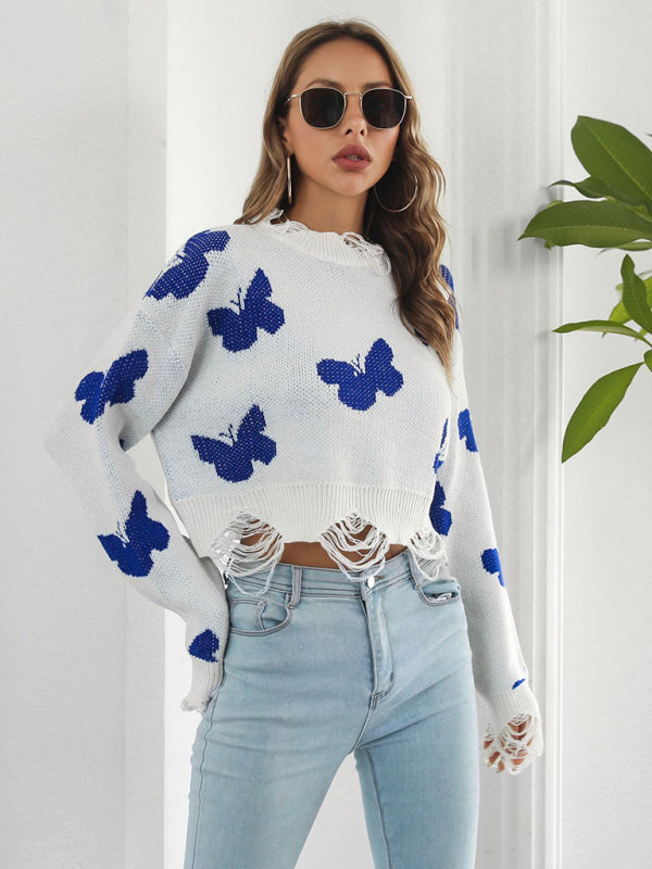 Women's Ripped Butterfly Jacquard Short Sweater