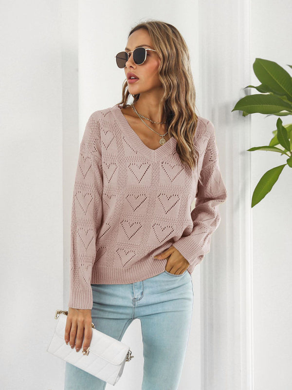 Women's Cutout Heart Plaid Drop-Shoulder Sleeve Sweater