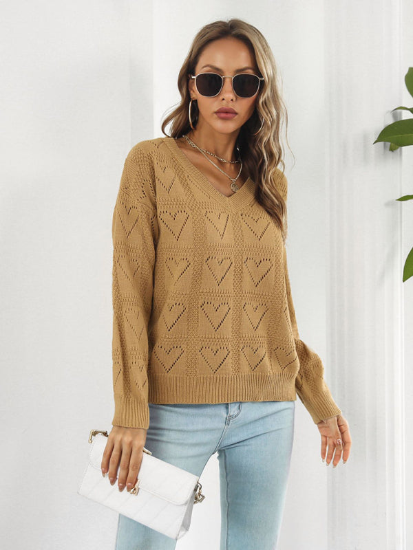 Women's Cutout Heart Plaid Drop-Shoulder Sleeve Sweater