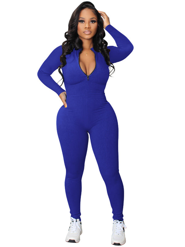 Women's new pit-striped zipper sports jumpsuit