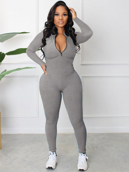 Women's new pit-striped zipper sports jumpsuit