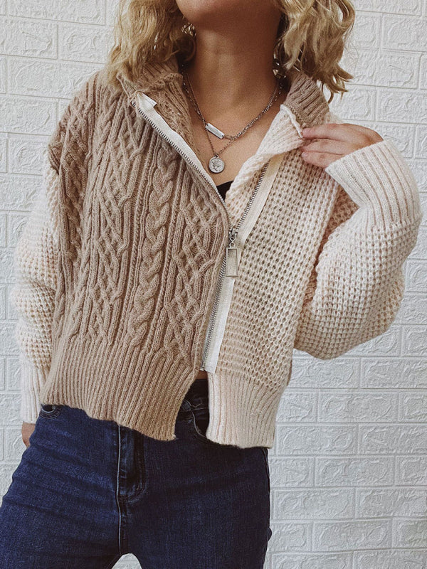 Round Neck Diagonal Zip Twist Contrast Panel Knit Cardigan