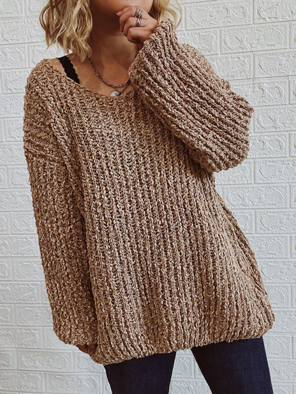 V-Neck Drop-Shoulder Sleeve Knit Sweater Sweater