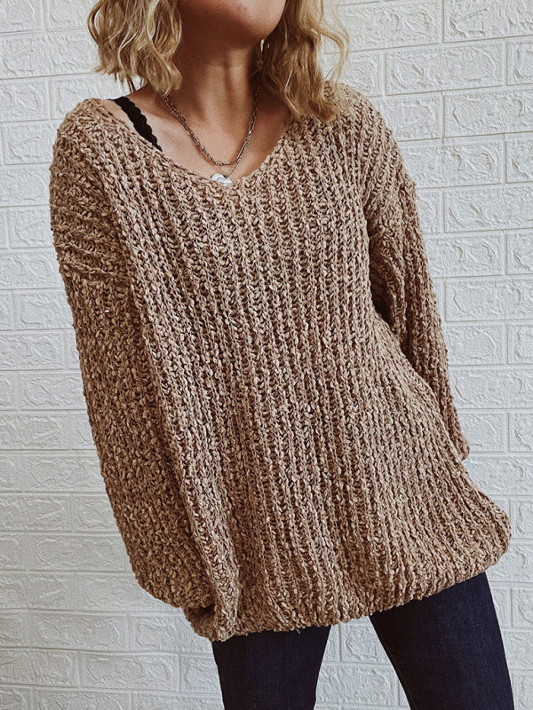 V-Neck Drop-Shoulder Sleeve Knit Sweater Sweater