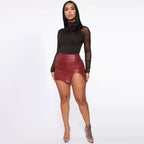 skirtBeauty high waist bag hip skirt PU leather zipper sexy black leather skirt