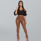 Skinny High Elastic Bandage Micro Flared Side Slit PU Leather Pants