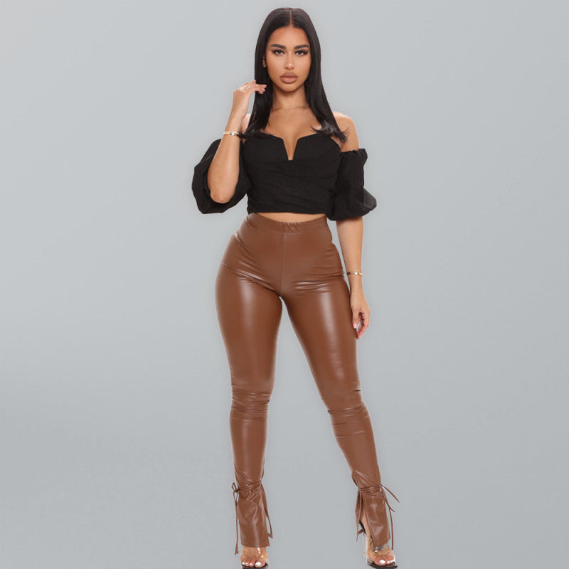 Skinny High Elastic Bandage Micro Flared Side Slit PU Leather Pants