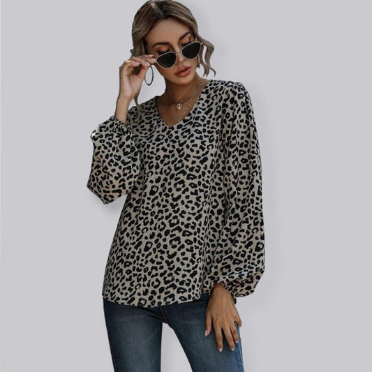 New Puff Sleeve Leopard Casual V-Neck Loose Long-sleeved Top