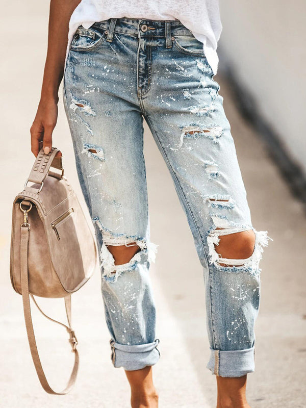 Stretch washed ripped straight-leg street style denim trousers