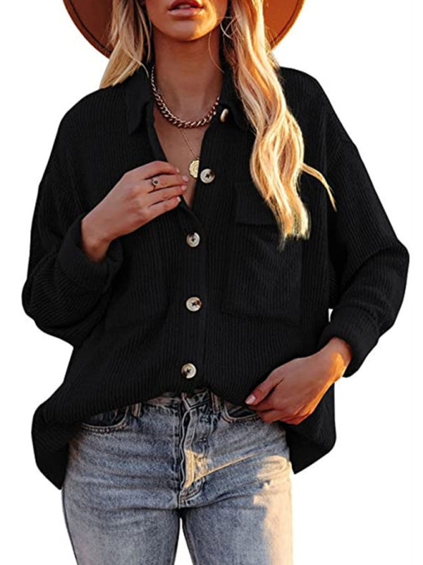 Solid Color Loose Corduroy Pocket Long Sleeve Cardigan Jacket