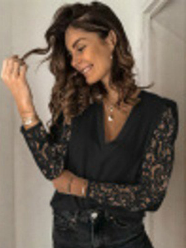 Paneled Lace Long Sleeve Slim Fit Women's Top