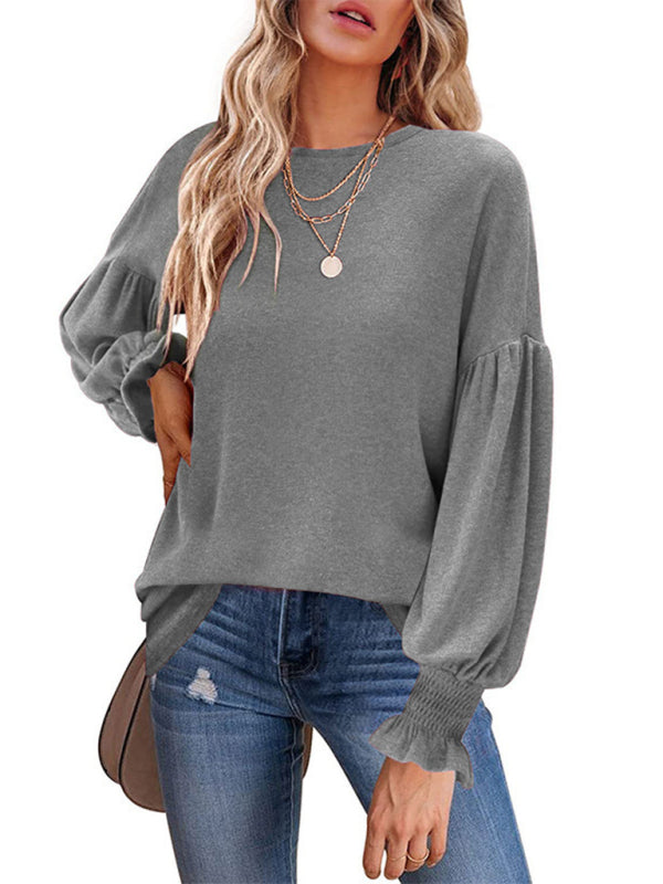 Round Neck Pleated Balloon Sleeve Ladies Long Sleeve Top