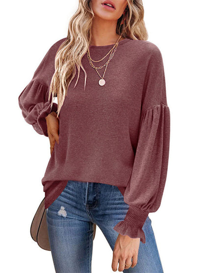 Round Neck Pleated Balloon Sleeve Ladies Long Sleeve Top