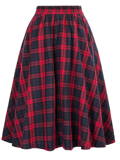 News Button Waist Swing Skirt Plaid Skirt Wool Swing Skirt