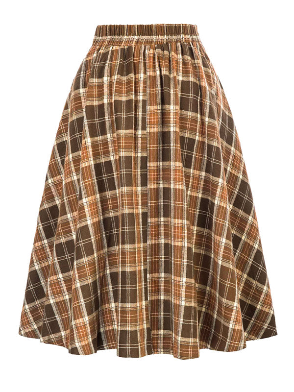 News Button Waist Swing Skirt Plaid Skirt Wool Swing Skirt