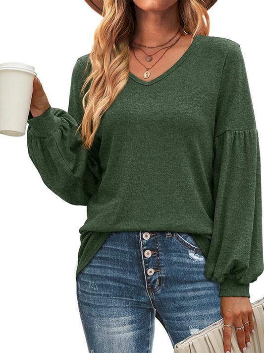 Loose pleated puff sleeve V-neck long-sleeved T-shirt