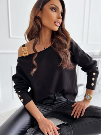 New Fashion Sexy Chain Button Decoration Long Sleeve Top Women