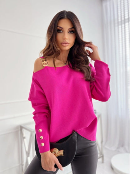 New Fashion Sexy Chain Button Decoration Long Sleeve Top Women