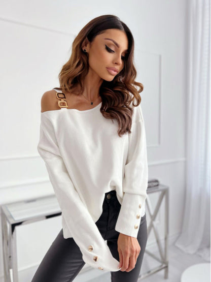 New Fashion Sexy Chain Button Decoration Long Sleeve Top Women