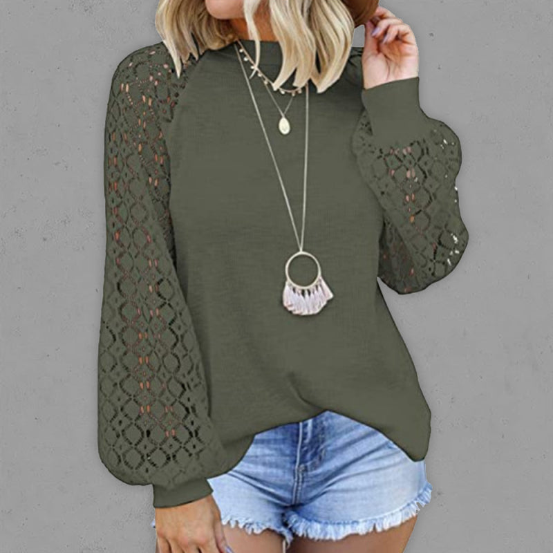 Waffle Round Neck Long Sleeve Lace Panel Loose T-Shirt